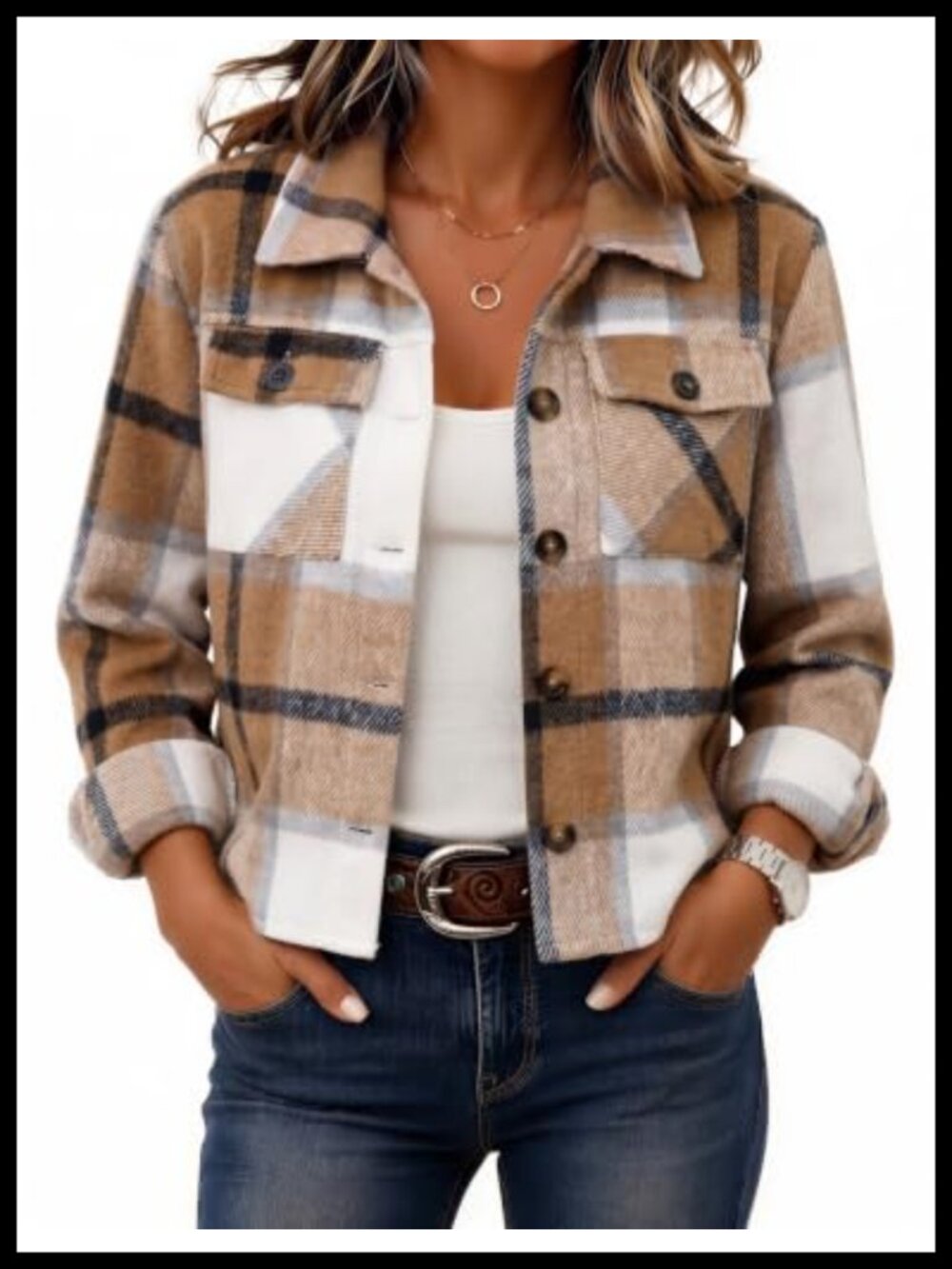 Zeagoo Cropped Plaid Flannel Shacket Button Front Casual Jacket